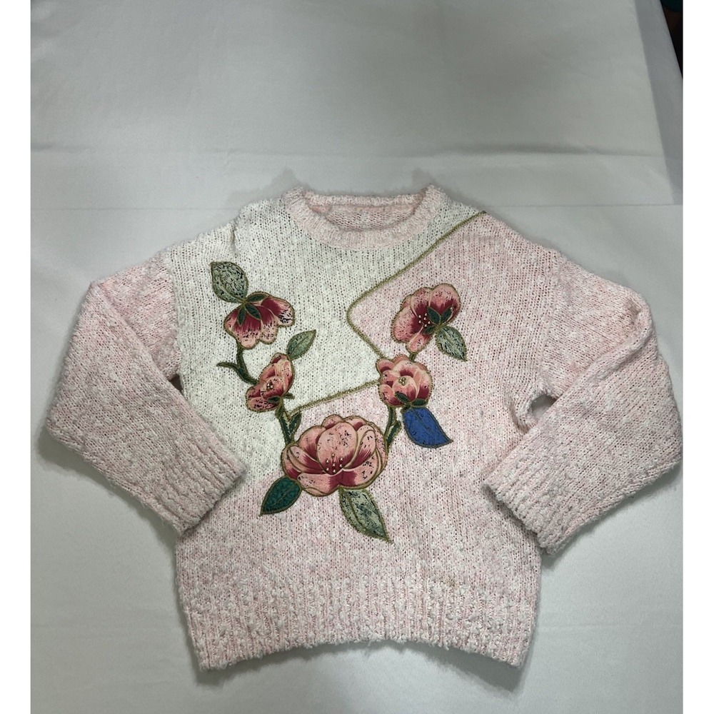 Vintage 80s 90s floral Bead embellished colorblock sweater oatmeal Pink sz S
